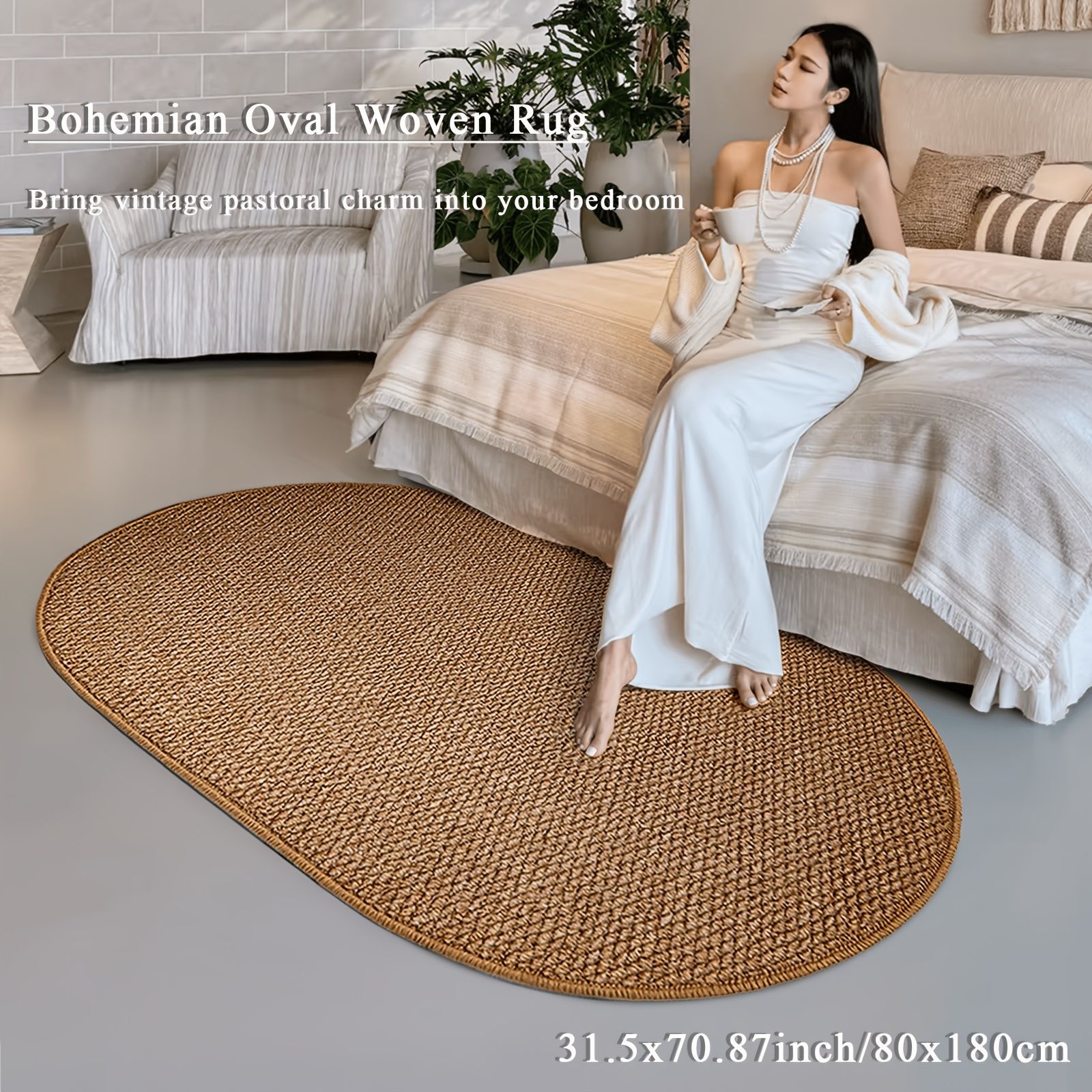 Cross-Border Imitation Sisal Carpet, Simple Solid Color Carpet for Living Room, Japanese-Style Full-Cover Oval Bedroom Carpet, Anti-Cat Scratch Bedside Rug