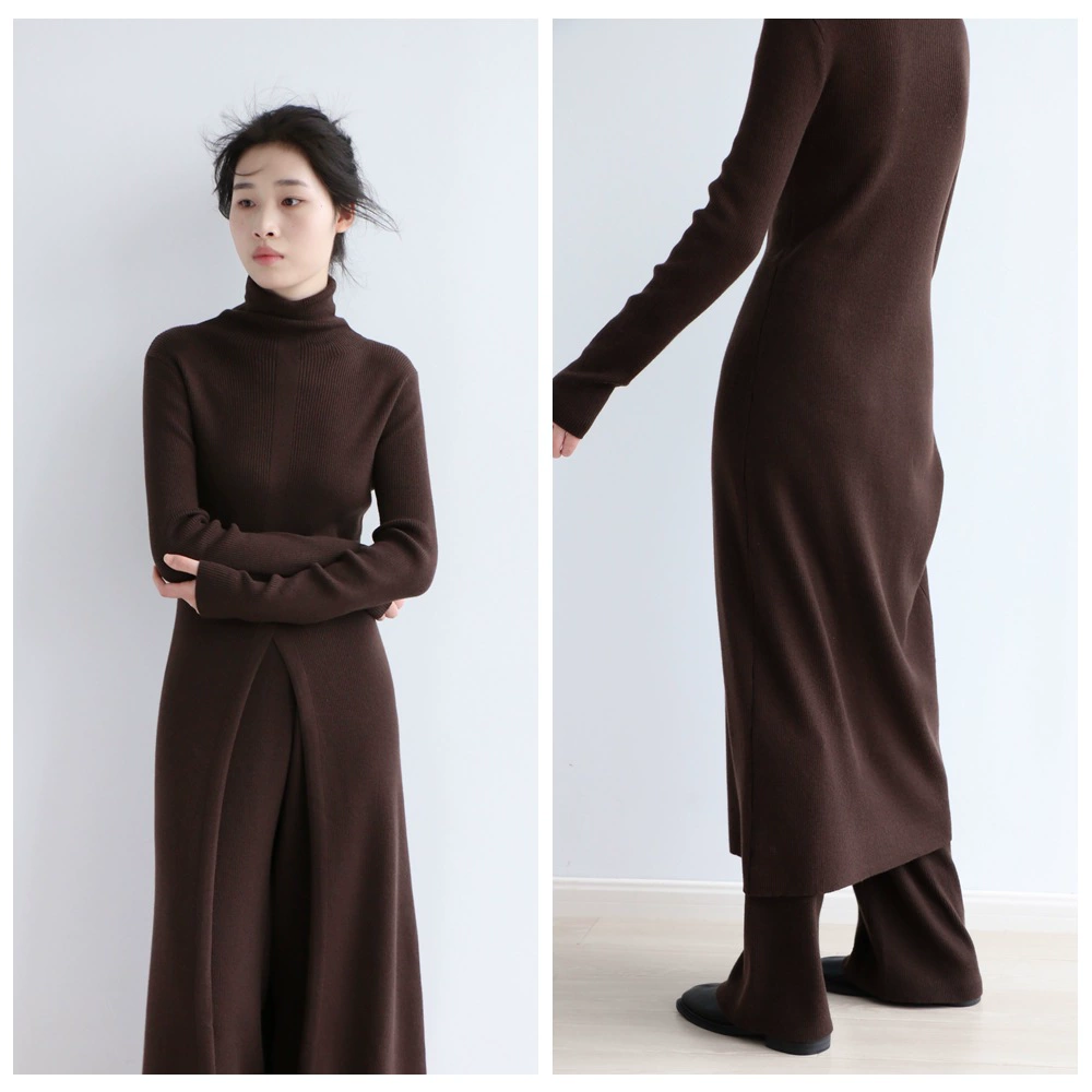 Две шерстяные смешанные ямы с высокой горловиной трикотажное платье нишевого дизайна с длинным разрезом юбка теплая осенью и зимой