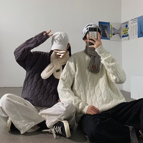 Men's Cable Knit Cardigan Sweater with a Relaxed and Trendy Hong Kong Style, Couples' Set, Comfortable, Casual, Round Neck, Autumn/Winter Base Layer Top