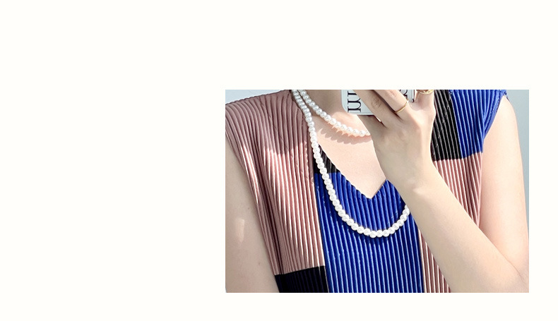 Đầm suông midi xếp ly không tay họa tiết ca rô — Màu xanh lam chi tiết 5