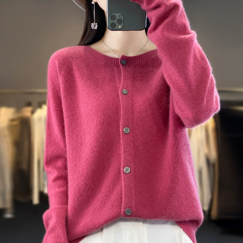 Woolen fashionable cardigan, design demi-season jacket, cashmere sweater, round collar, trend of season, oversize