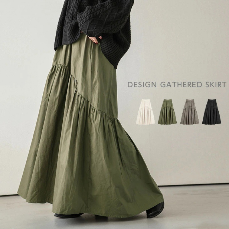 Japan's Rakuten's New Casual and Versatile Retro Wavy Pleated High-Waisted Skirt Pure Color Fishtail Skirt with Large Hem