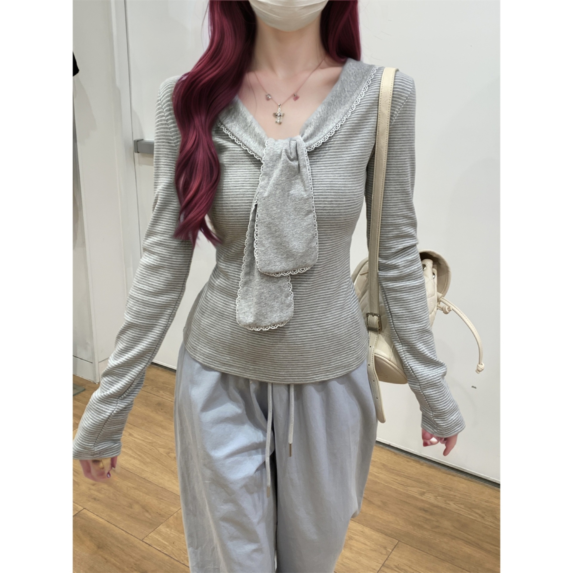 跨境外贸学院风条纹海军领系带长袖t恤女装秋季修身显瘦上衣内搭