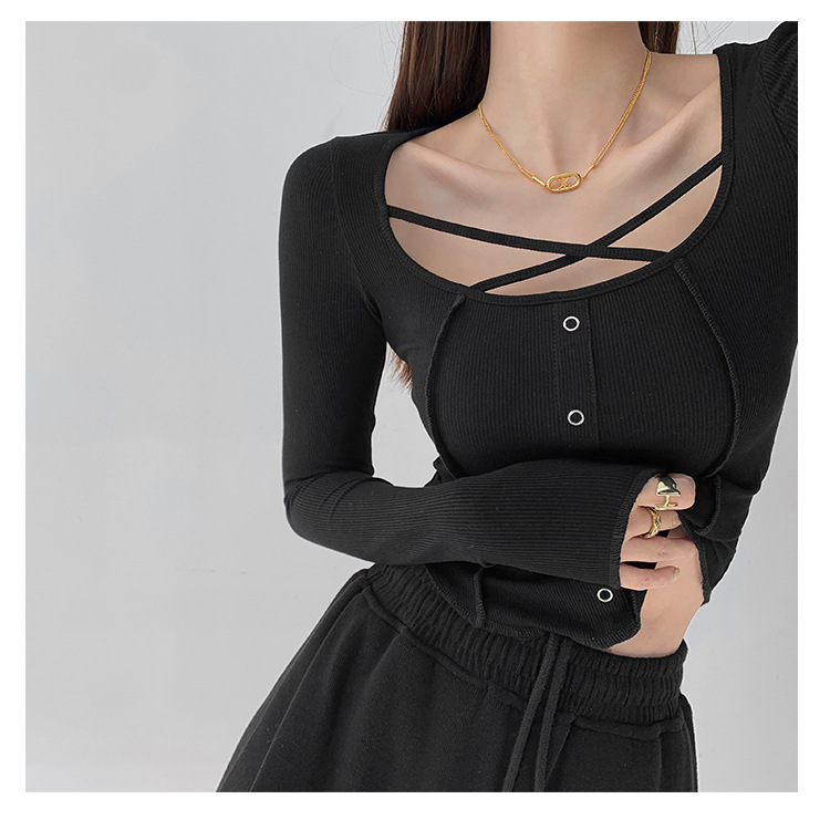 American Style Anti-line Patchwork Front Cross Strap Base Shirt Women's Autumn New Single-breasted Long-sleeved T-shirt Spice Girl Top