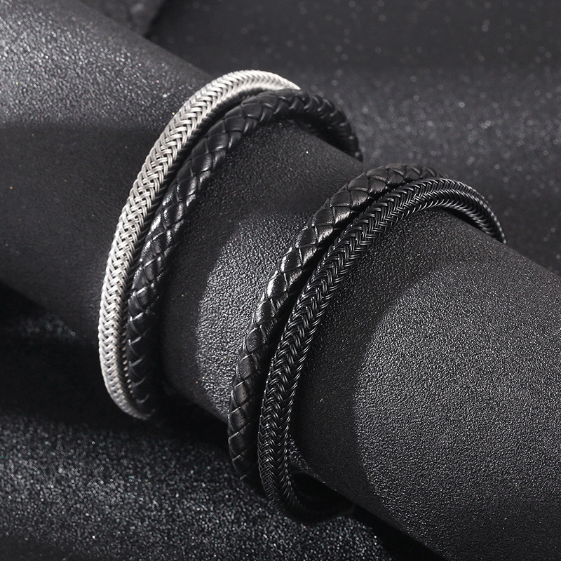 0.03µm Gold Plating Thickness Simple Style Geometric Stainless Steel Leather Rope Plating Men's Bangle Men Cord & Leather Bracelets