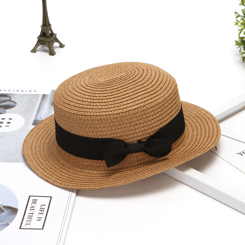 Summer Straw Hat Korean Style British Retro Flat Top Fresh and Cute Fascinator Sun Protection Beach Hat Trendy Summer Outing Hat