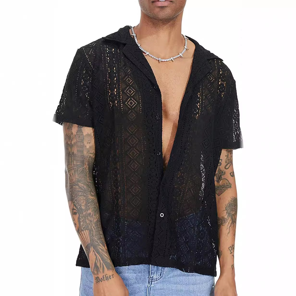 Spot moda europea y americana nueva camisa de manga corta de encaje para hombres botón transparente vacaciones casual top hueco