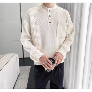 Autumn and Winter Style Semi-High Collar Knitted Twisted Pattern Thickened Lazy Sweater Jacket with Niche Design Sense