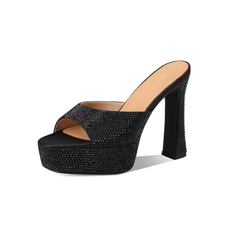 Sandal cao gót nữ đính đá platform quai một dây gót dày — đen