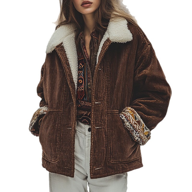 Women's Corduroy Loose Fit Casual Jacket With Fleece Lining - Warm Winter Coat For Everyday Comfort (Brown, S/M/L/Xl/Xxl)_voghion.com