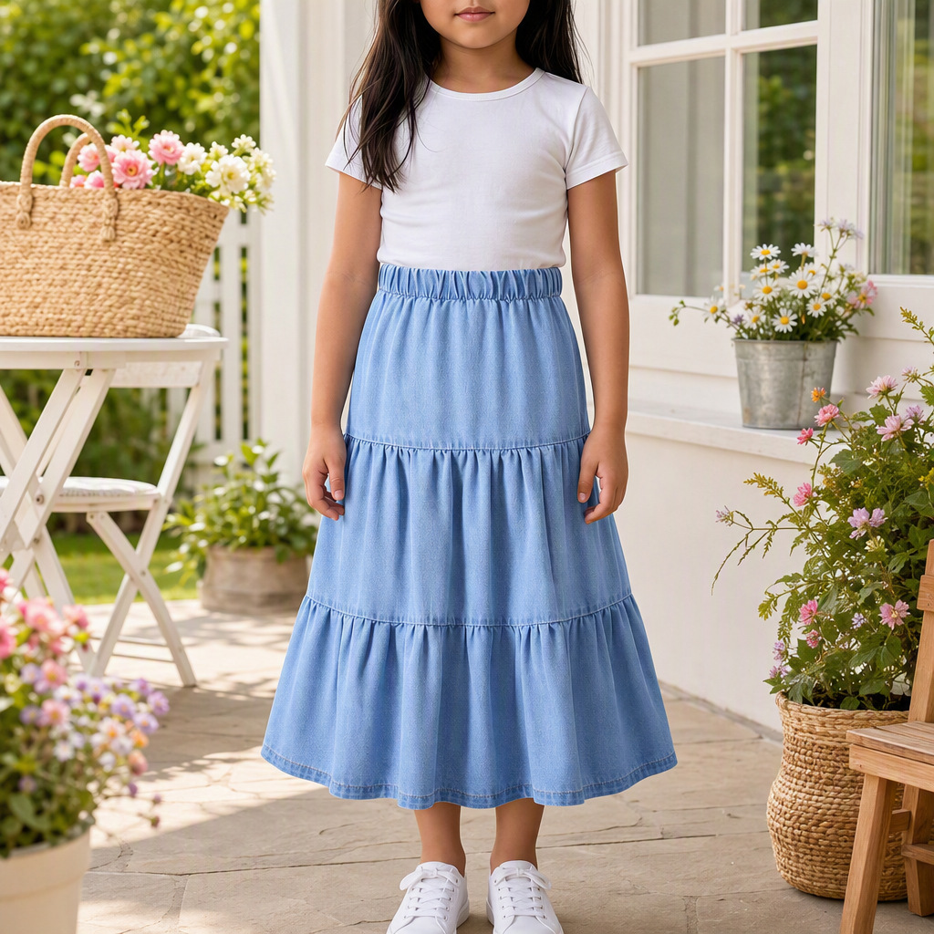 Amazon Girls' Denim Skirt for Older Children, Summer Thin Cotton Blend Elastic Waist Cake Skirt, Children's Denim Skirt