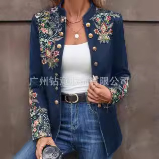 2025 Cross-Border Amazon European and American Autumn and Winter New Women's Outwear Printed Small Suit Fashionable Double-Breasted Outwear for Women