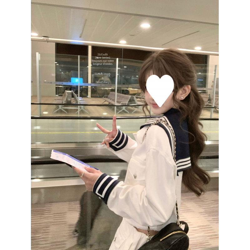 现货迟伞伞/fw 青空航线 miu系两色海军风外套纽扣半裙棉质套装秋|undefined