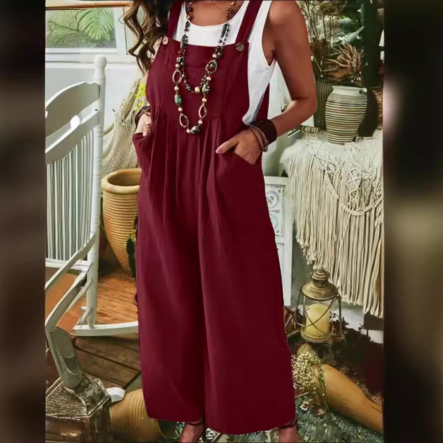2024 deseo de las mujeres Amazon eBay engrosada algodón lino color sólido sin mangas bolsillo casual pierna ancha hebilla lateral mono