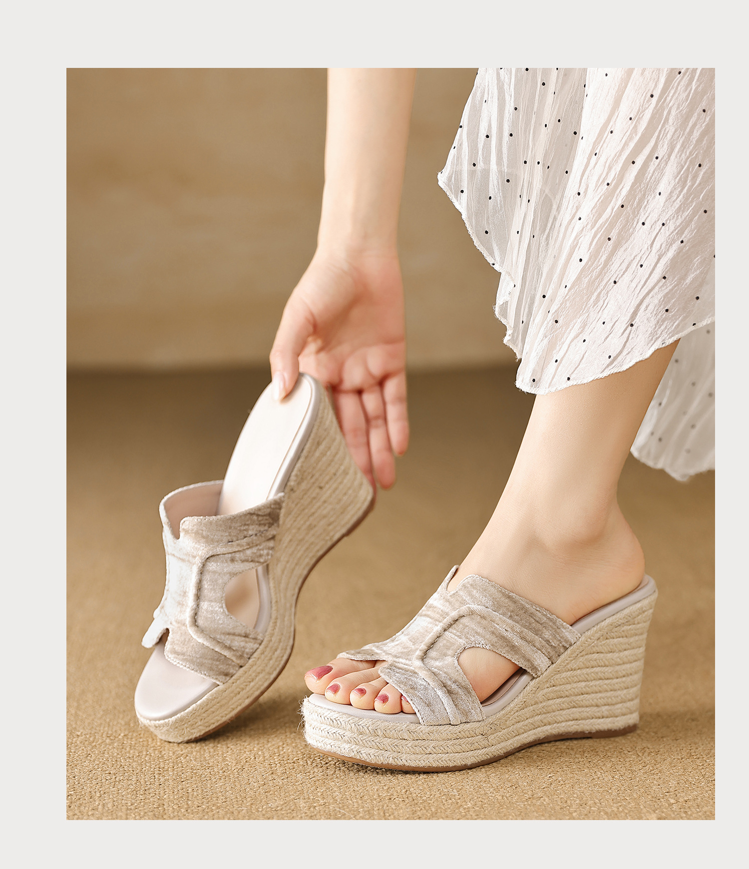 Sandal cao gót nữ đế xuồng phong cách Bohemian, quai ngang đan mây, gót 9 cm — màu đen, màu mơ chi tiết 15