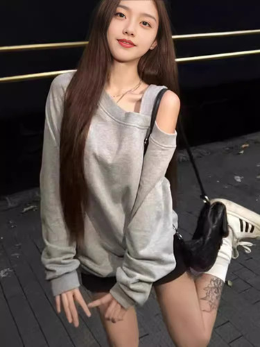 Lazy Style Grey Slanted Collar Off-the-Shoulder Long Sleeve Sweatshirt for Women Spring and Autumn Thin Version Loose and Slimming Casual Versatile No-Hat Top