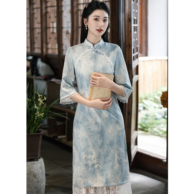 红眸2025春秋新款提花奥黛旗袍连衣裙七分袖长款日常改良旗袍裙|undefined