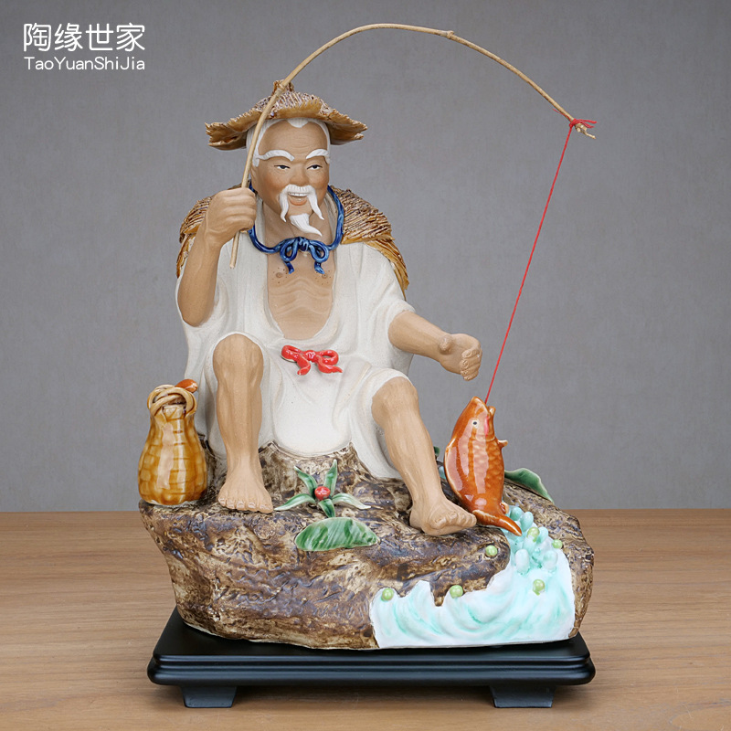 Shiwan pottery doll fishing ornaments figure sculpture fisherman ceramic study tea room antique shelf desktop decorations