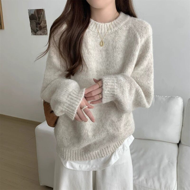 Soft and Waxy Round Neck Knitwear for Women Autumn and Winter 2024 New Style Lazy Style Loose Pure Color Long-Sleeved Knitwear with Thick Inner Top