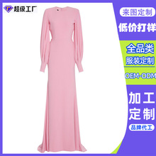 东莞虎门工厂定制跨境女装秋冬长袖款穆斯林粉色连衣裙