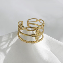 创意个性钢珠不锈钢戒指欧美风复古花朵钛钢戒指开口指环厂家直销