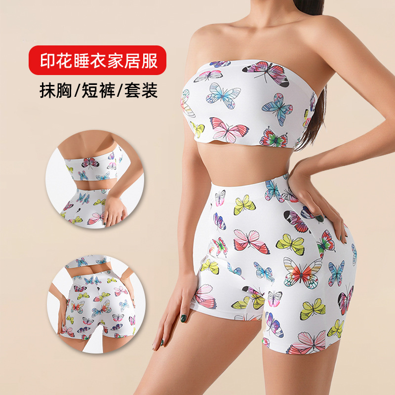 Cross-Border Foreign Trade Home Clothes Set European and American Sexy Butterfly Print Pajamas Amazon Women's Tube Top Shorts