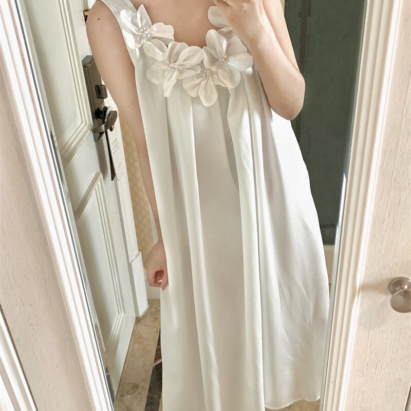 French-Style Pearl White Three-Dimensional Floral Camisole Nightgown for Women, Summer, with Built-In Chest Pads, Loose Fit, High-End Satin Home Sleepwear