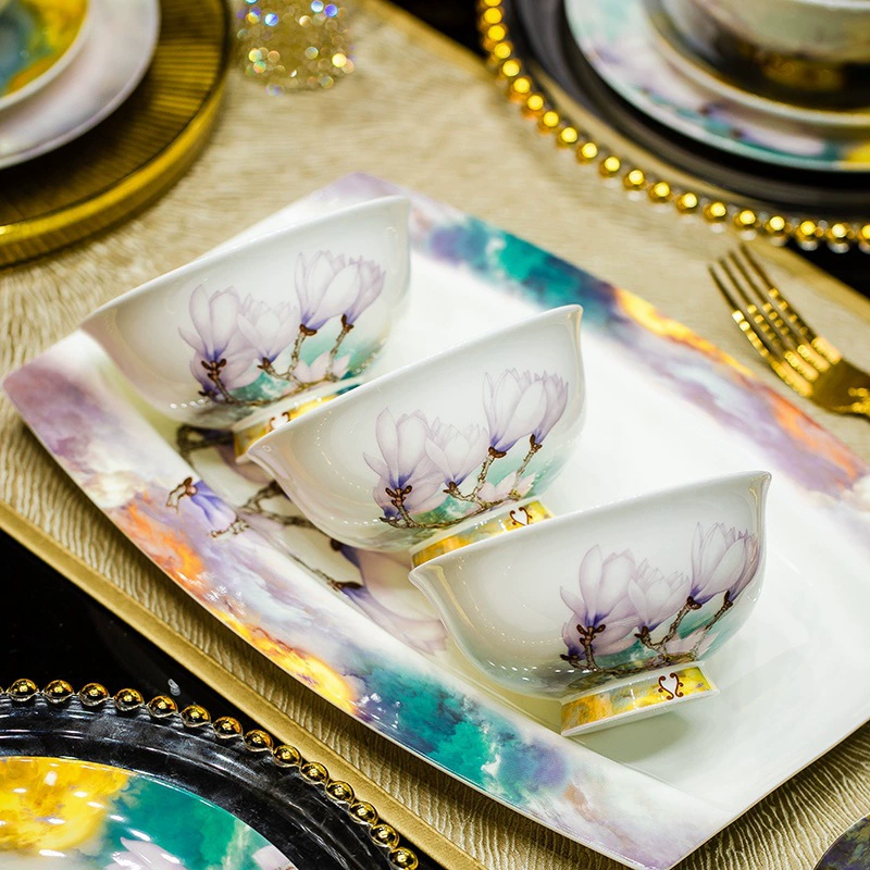 Tableware Set (Jingdezhen) Magnolia Pattern, Multi-Size 12/30/42/69 Pieces, Wedding Gift