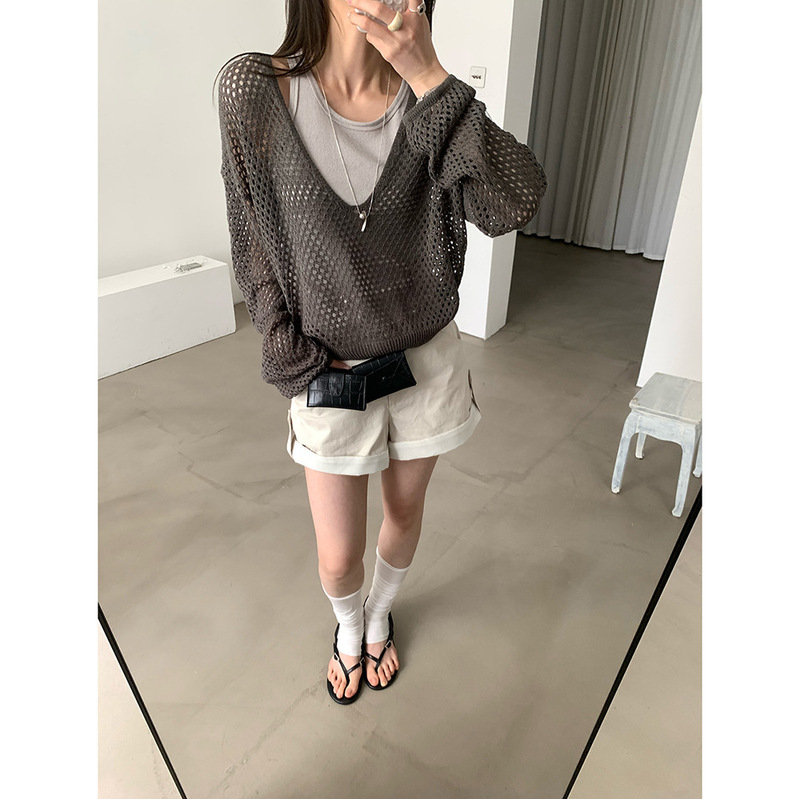 Korean-Style Slim-Fit Camisole + Hollow-Out V-Neck Loose Knit Top Set, New Summer Simple Two-Piece Set