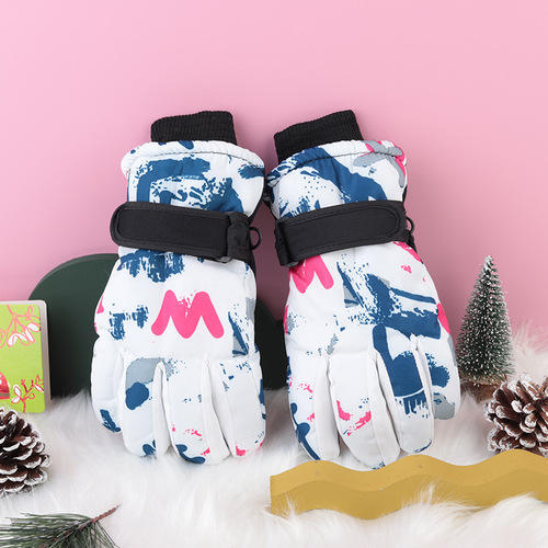 Children's Ski Snow Gloves with Fleece Lining, Thick, Waterproof, Warm, Anti-Slip, White, Doodle Proof, Cold Winter Gloves
