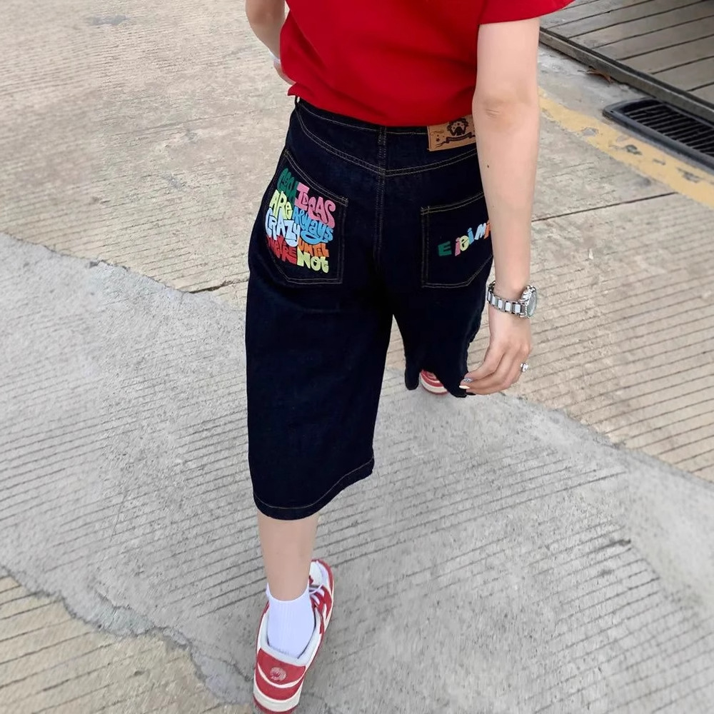 Pantalones cortos de mezclilla con estampado de letras retro americano