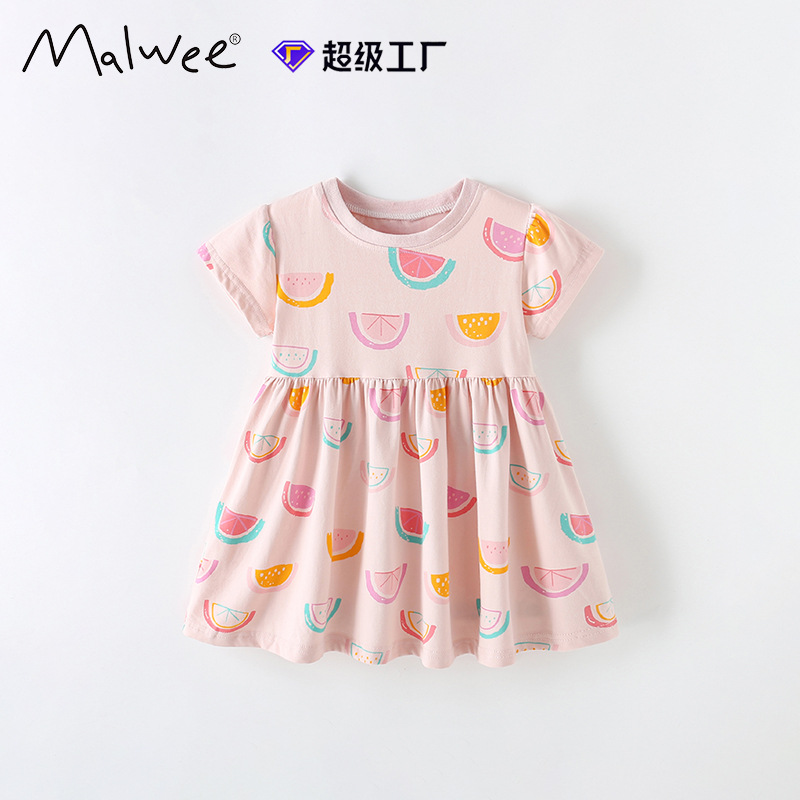 Vestido de princesa de niña de estilo europeo y americano malwee transfronterizo, vestido de niña de manga corta con cuello redondo para niños de verano