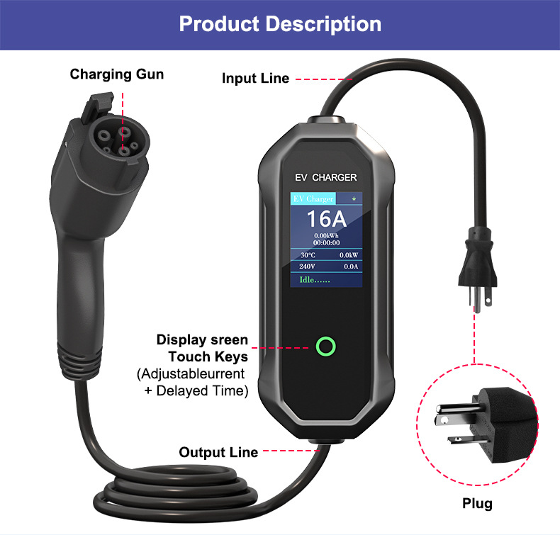 American Standard Charging Pile 3.84Kwtype1 New Energy Vehicle Portable Charging Gun 16A Fast Charging