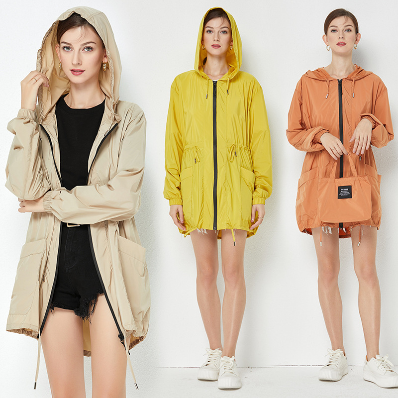 Simple Fashion Short Coat Windbreaker Raincoat Thin Adult Women's Belt Outdoor Hiking Travel Portable Poncho