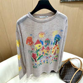 25早秋新款AC潮牌手绘涂鸦罩衫上衣复古彩色打底衫薄透气长袖T