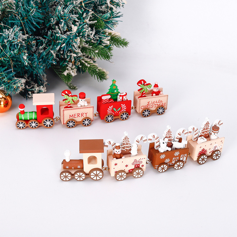 Cross-Border Small Train Christmas Wooden Decorations Four-Section Wooden Small Train Decoration Window Ornaments Small Gifts