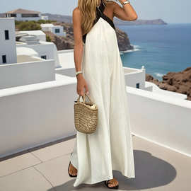 现货2025欧美女装春夏新款跨境时尚纯色挂脖吊带无袖棉麻连衣裙