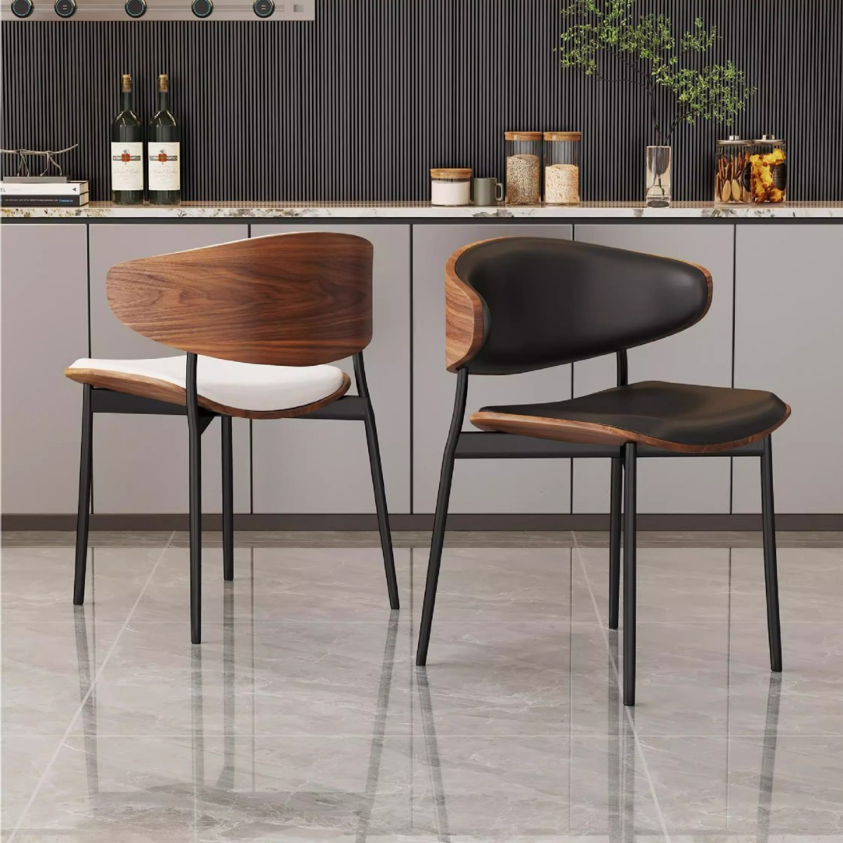 Sillas de comedor minimalistas italianas IMS lujosas y de alto nivel, sillas de cuero con respaldo de madera maciza.