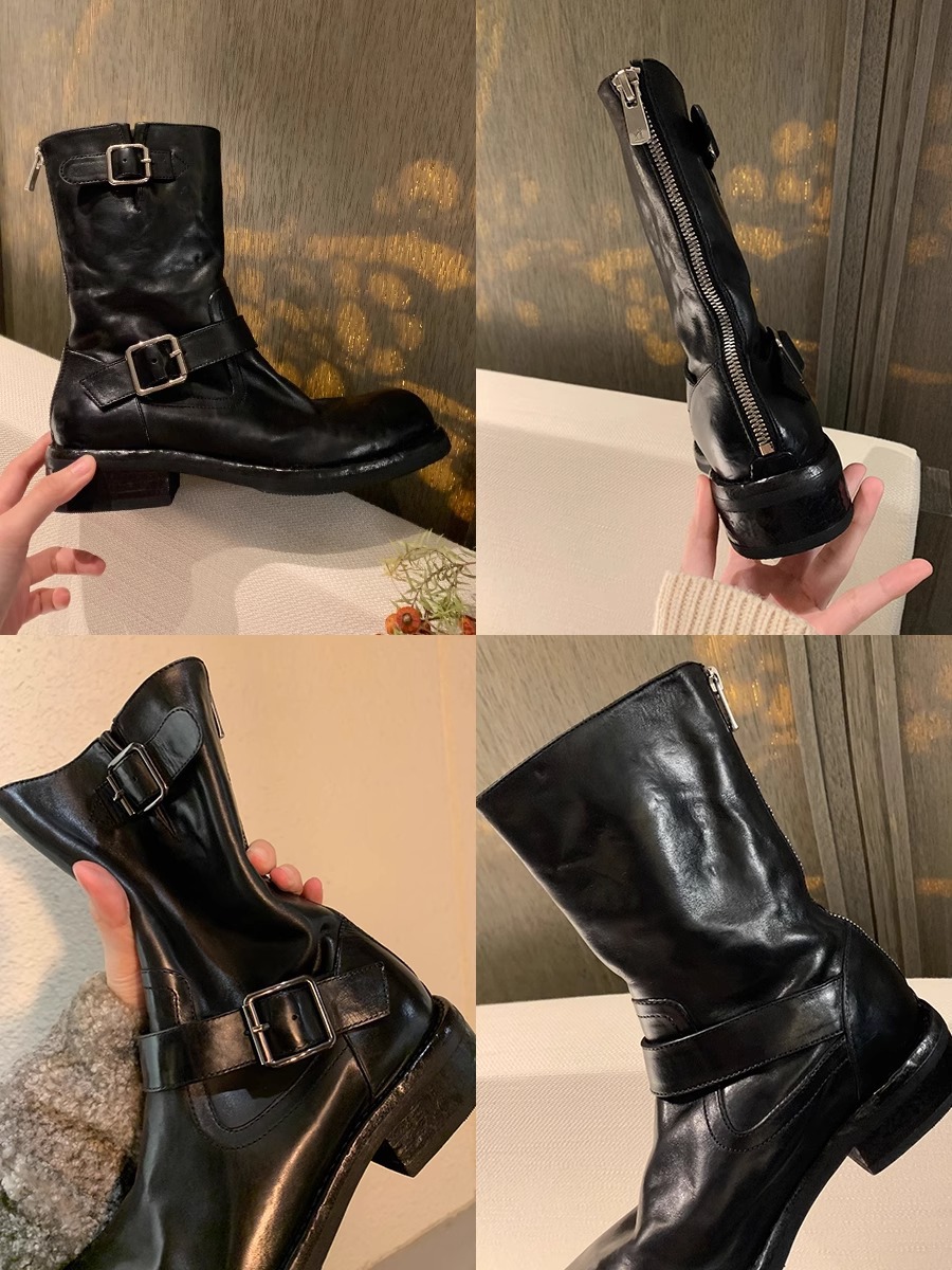 Modisches Schnallendesign, runde Zehenpartie aus Pferdeleder, kleiner dicker Absatz, hohe Absätze_voghion.com