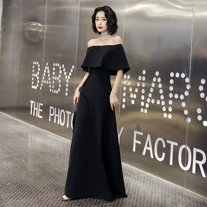 Black evening dress, elite long skirt, open shoulders, fitted