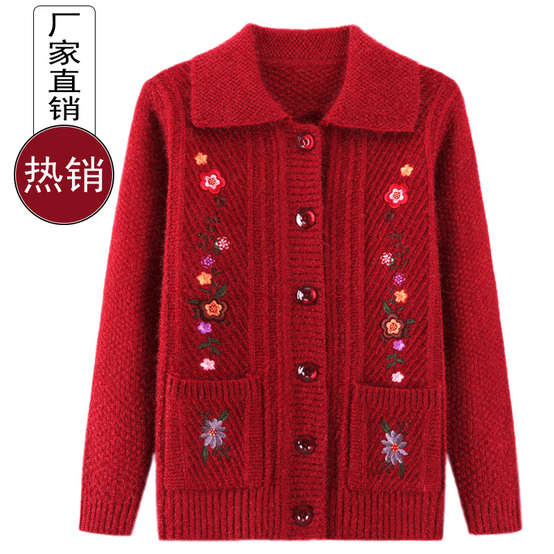 中老年女装开衫外套宽松大码妈妈针织衫春秋毛衫奶奶加厚加绒冬装