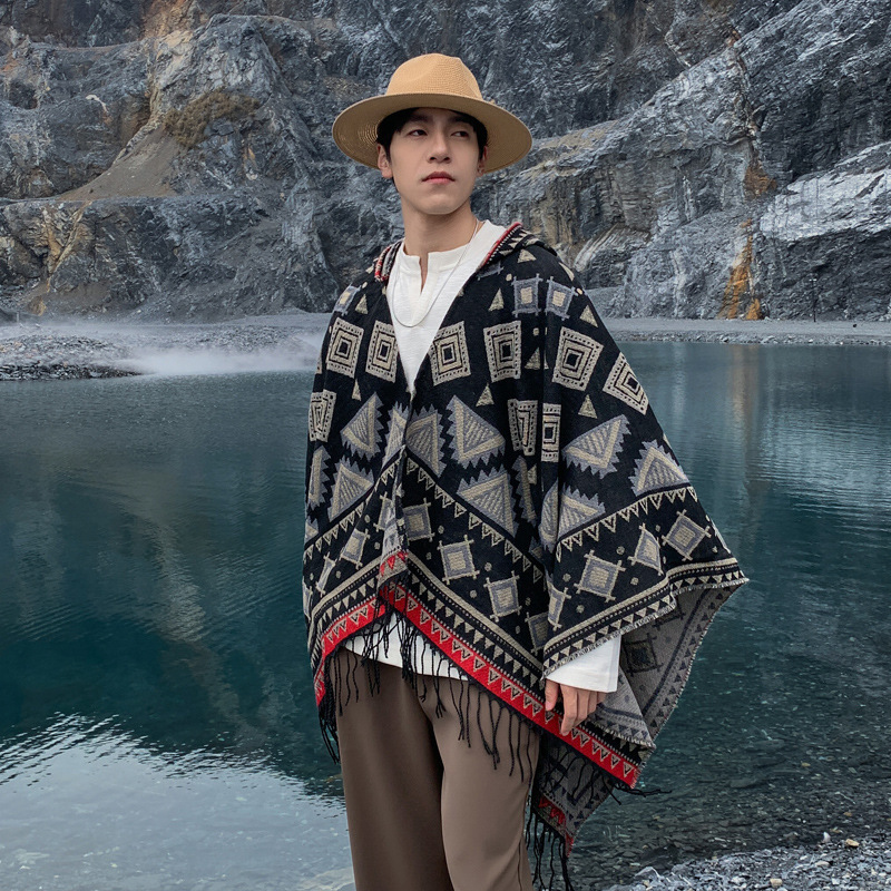 Travel Ethnic Style Hooded Shawl for Women, Xinjiang Yunnan Bohemian Air-Conditioned Room Tassel Knitted Sweater Cloak