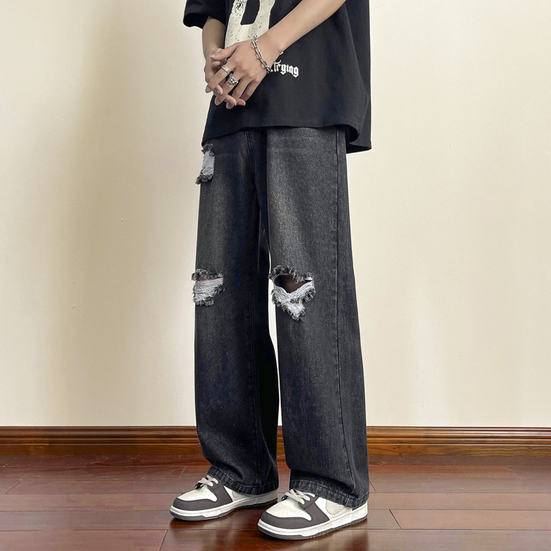 Jeans agujeros de verano hombre estilo retro americano pantalones de piernas anchas rectos pantalones casuales de calles de calzado