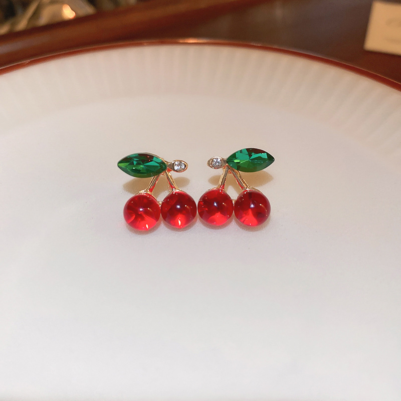 10g Weight 925 Sterling Silver Ear Needle Material Glass Inlay Material Ear Studs Classification 1 Pair Quantity Daily Occasion Alloy, Glass Material Cherry Pattern Women's Gender Cute, Sweet Style 1 Pair Cute Sweet Cherry Alloy Glass Glass Ear Studs 4