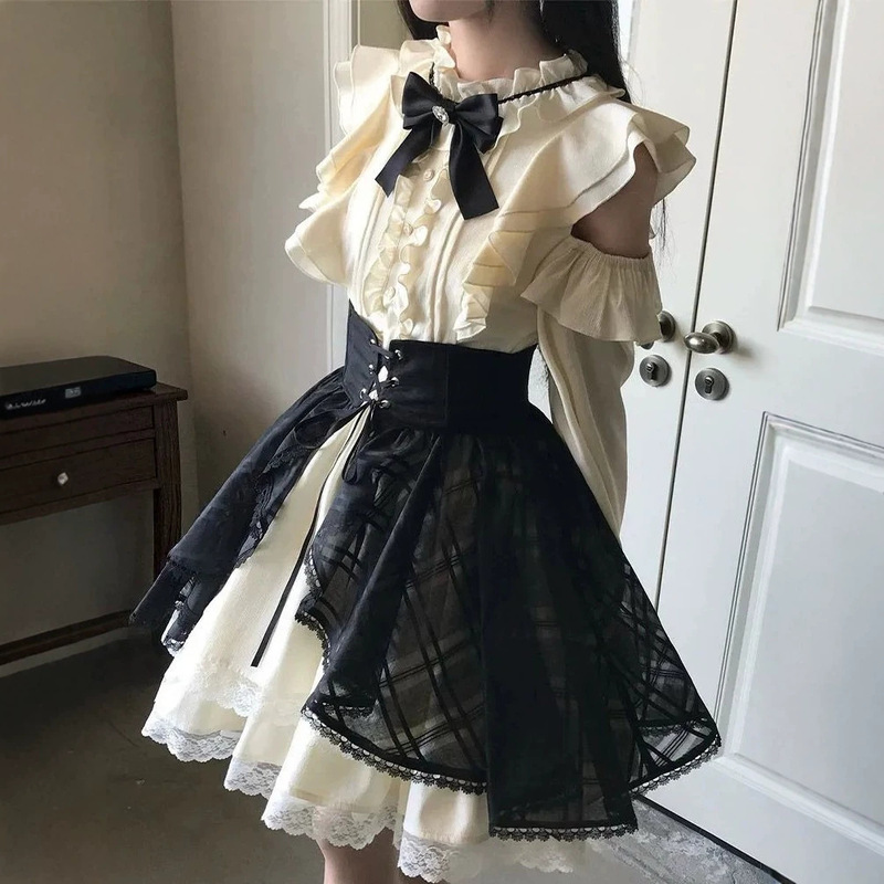 Japanese-style clear-cut off-shoulder long-sleeve dress for women, spring 2026 new model, high-waisted slimming black overlay dress two-piece set Japanese-style clear-cut off-shoulder long-sleeve dress for women, spring 2026 new model, high-waisted slimming black overlay dress two-piece set