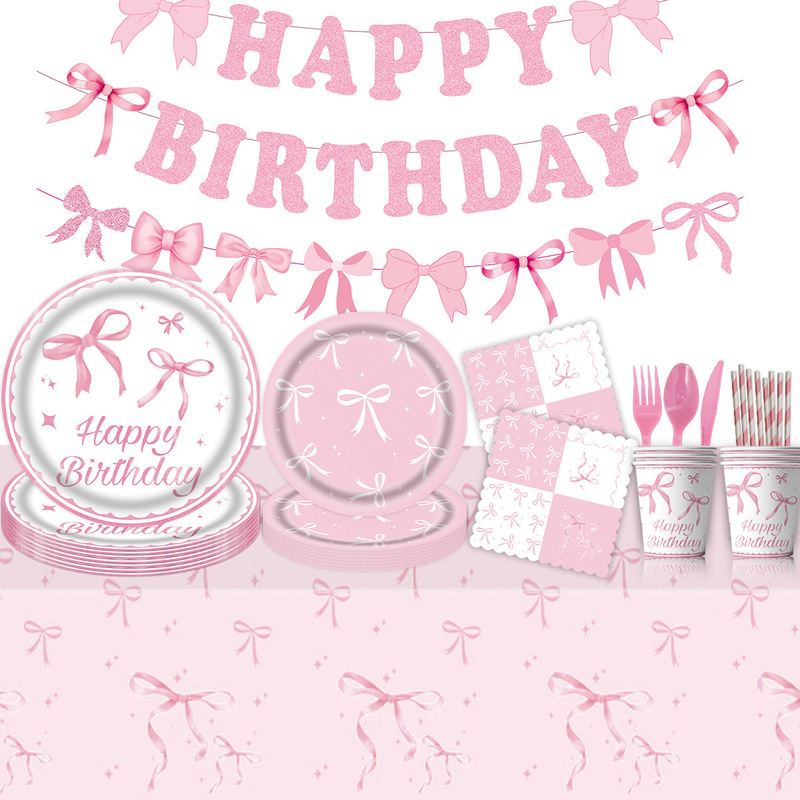 Amazon New Pink Bow Theme Birthday Party Tableware Disposable Tablecloth Tissue Paper Tray Paper Cup Decorations