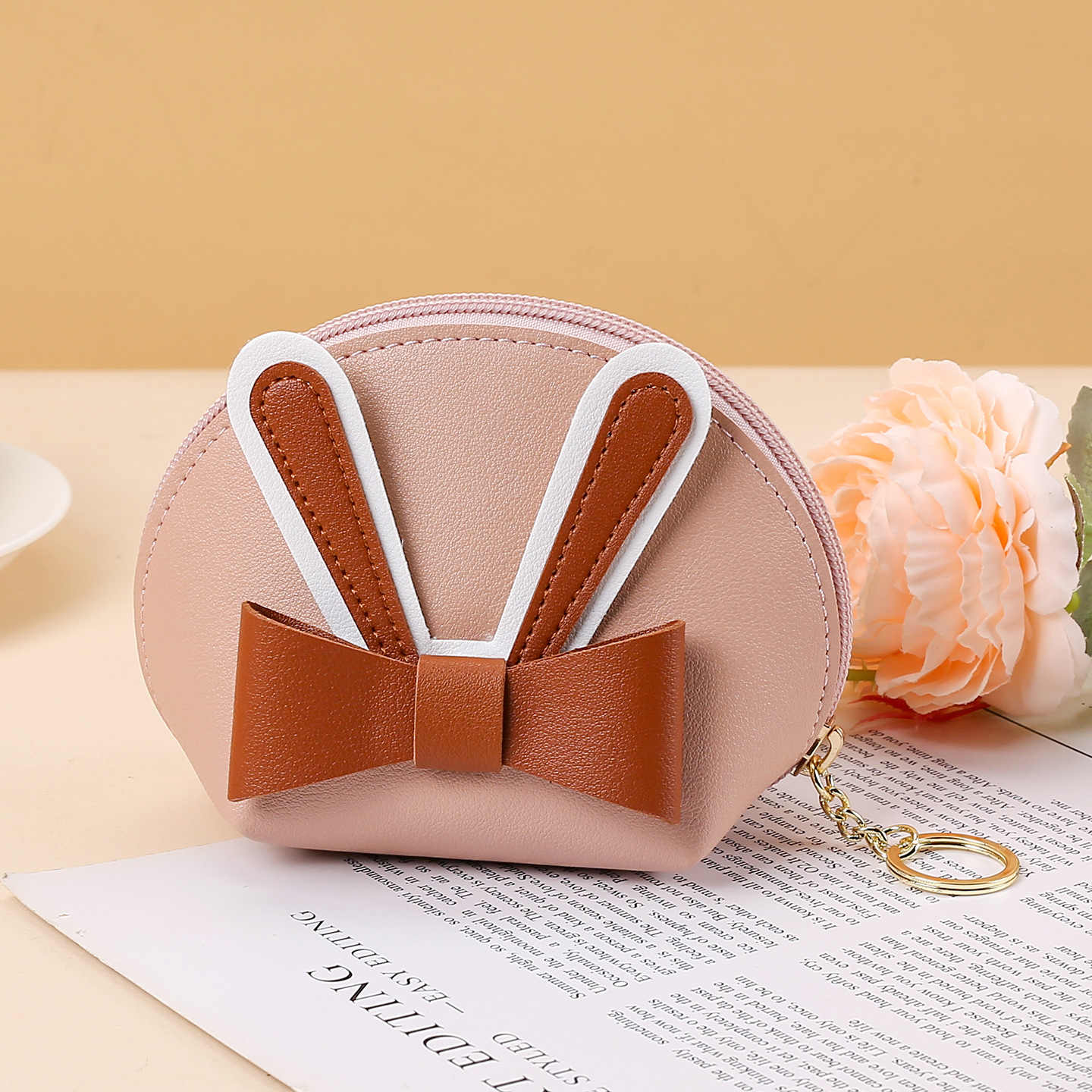 Botón de arco PU piel mini billetera nuevo lindo bolso de monedas de estudiantes llaveras con cremallera pequeña bolsa de cambio