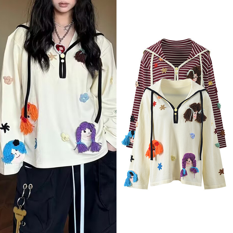 2025 Autumn New Fresh and Sweet Happy Little Girl Navy Collar Long Sleeve Loose Knitted T-Shirt Top 2025 Autumn New Fresh and Sweet Happy Little Girl Navy Collar Long Sleeve Loose Knitted T-Shirt Top