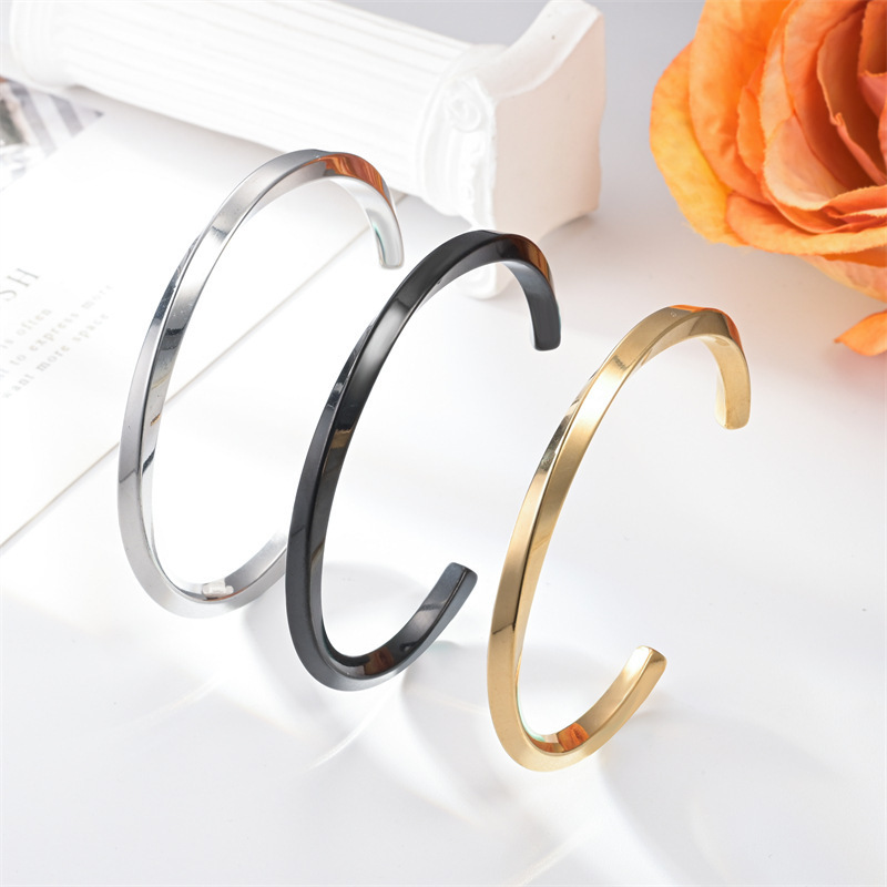 Cross-border stainless steel twist personality twisted cylindrical bright surface C- shaped opening adjustable bracelet manufacturers in stock wholesale