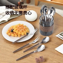 复古304不锈钢水果叉家用仿胡桃木甜品勺西餐高颜值叉子勺子套装